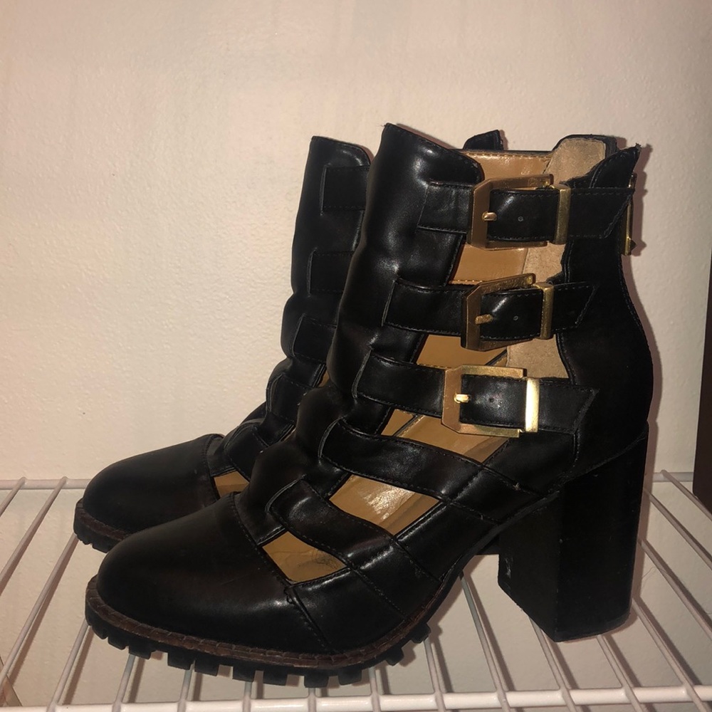 Black Leather Booties with Gold Buckles